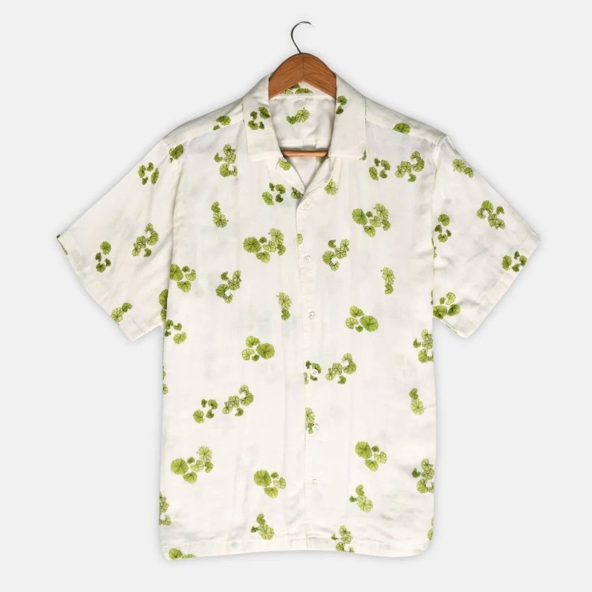 Minimal Leaf Print Cuban Collar Half Sleeve Shirt for Men, Premium White Casual Summer Shirt, Lightweight Beach Resort Vacation Button Down Shirt