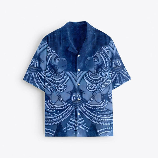 Blue Mythological Art Print Cuban Collar Half Sleeve Shirt for Men, Premium Heritage Graphic Casual Resort Shirt, Vintage Cultural Beach Vacation Button Down Shirt