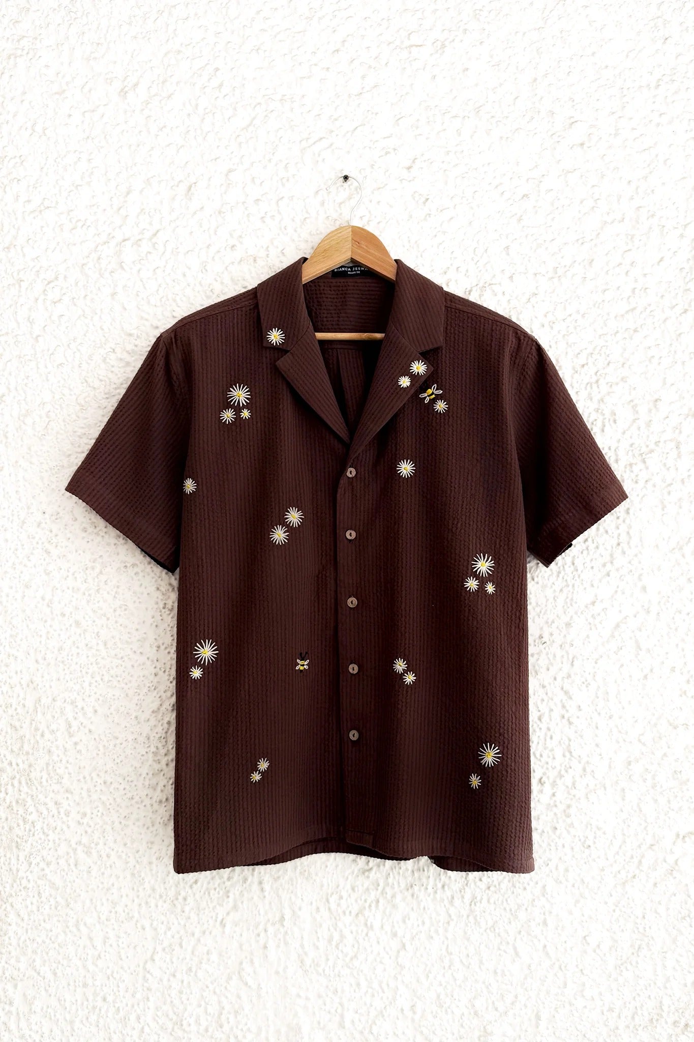 Premium Textured Daisy Embroidered Cuban Collar Half Sleeve Shirt for Men, Brown Casual Summer Resort Shirt, Minimal Floral Beach Vacation Button Down Shirt