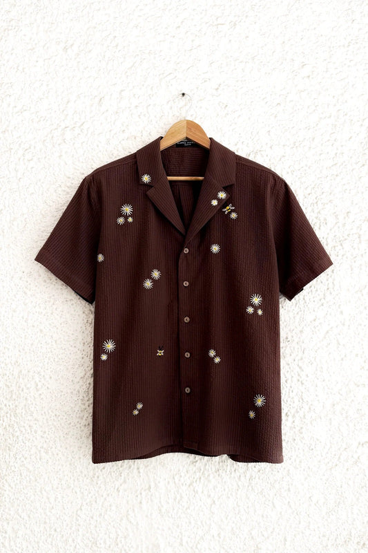Premium Textured Daisy Embroidered Cuban Collar Half Sleeve Shirt for Men, Brown Casual Summer Resort Shirt, Minimal Floral Beach Vacation Button Down Shirt