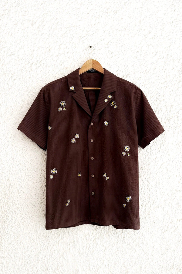 Premium Textured Daisy Embroidered Cuban Collar Half Sleeve Shirt for Men, Brown Casual Summer Resort Shirt, Minimal Floral Beach Vacation Button Down Shirt