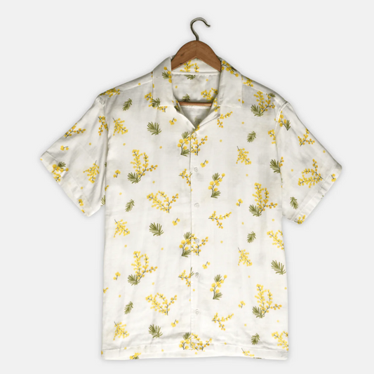 Minimal Floral Print Cuban Collar Half Sleeve Shirt for Men, Premium White Casual Summer Shirt, Botanical Resort Beach Vacation Button Down Shirt